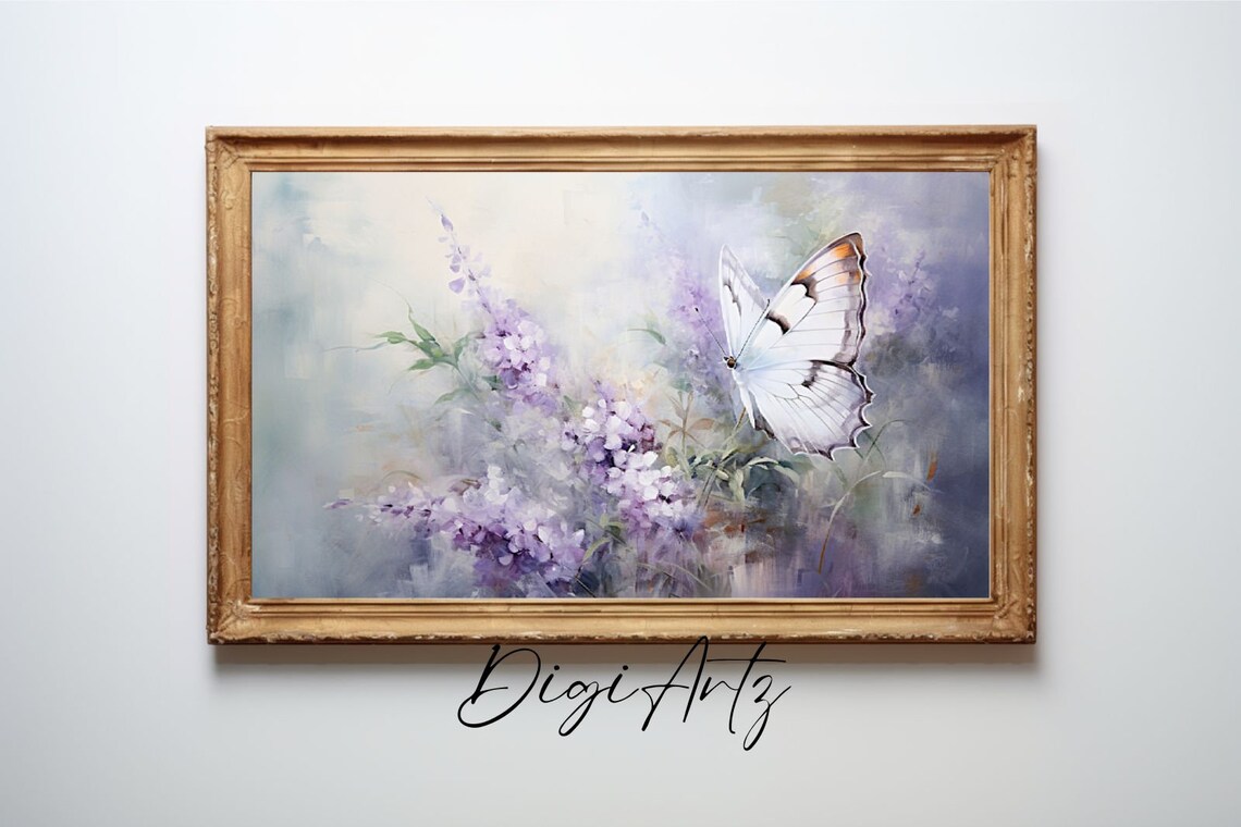 White Butterfly Purple Wildflower Watercolor Pastel Garden Poster - Image 4