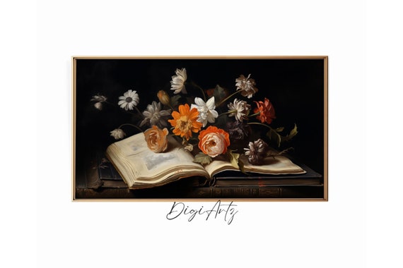 Frame Tv Art Antique Flower Painting Vintage Floral Still Life Print Botanical Print Dark Academia Decor Moody Wall Art