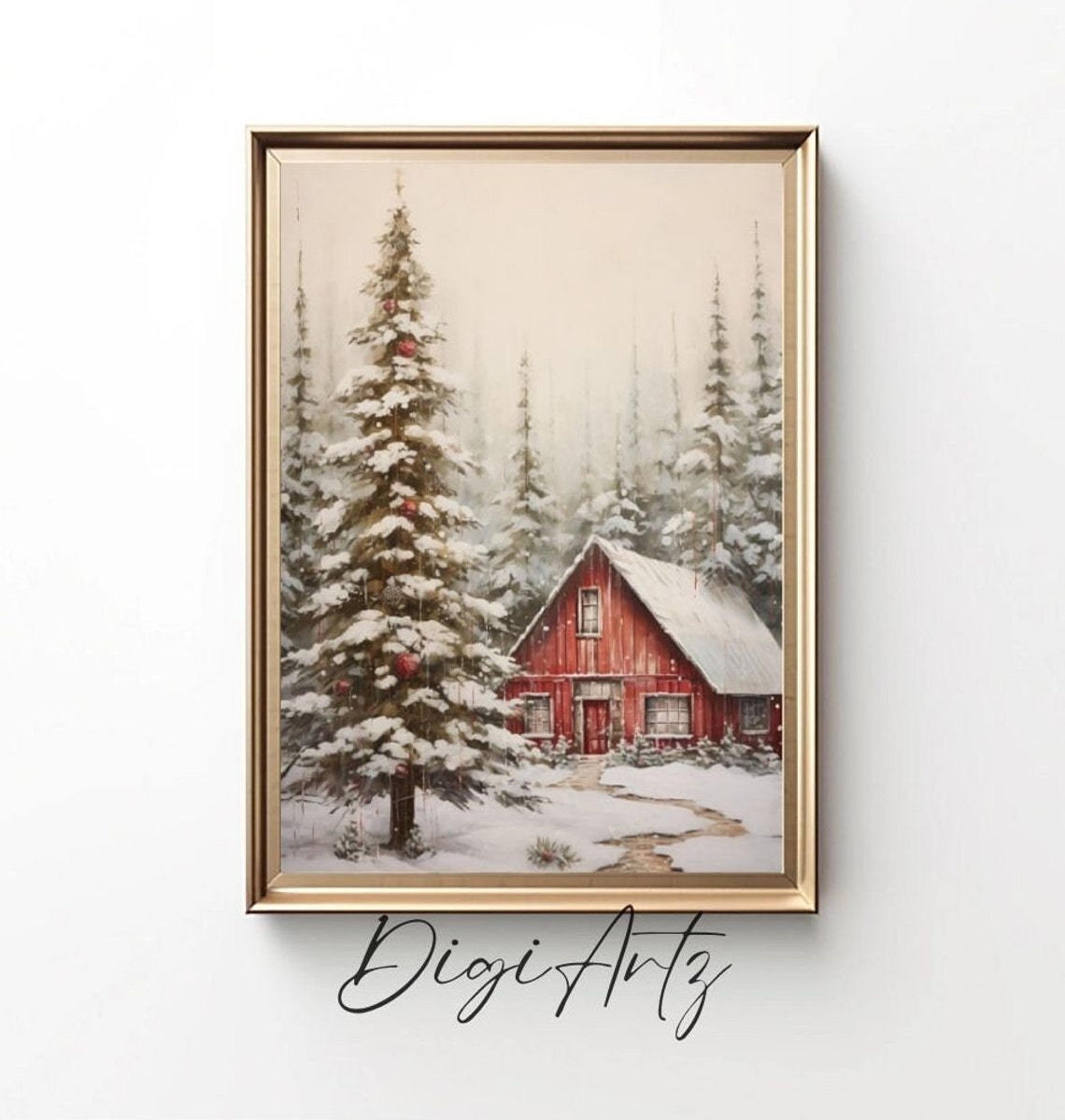 Red Barn Christmas Tree Snowy Winter Forest Holiday Barn Poster