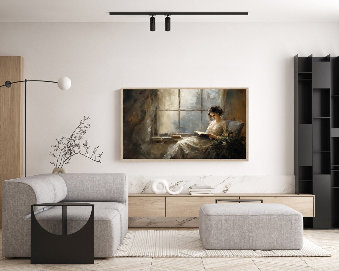 Woman Reading by Bright Window Moody Vintage Oil Painting Poster - Image 4
