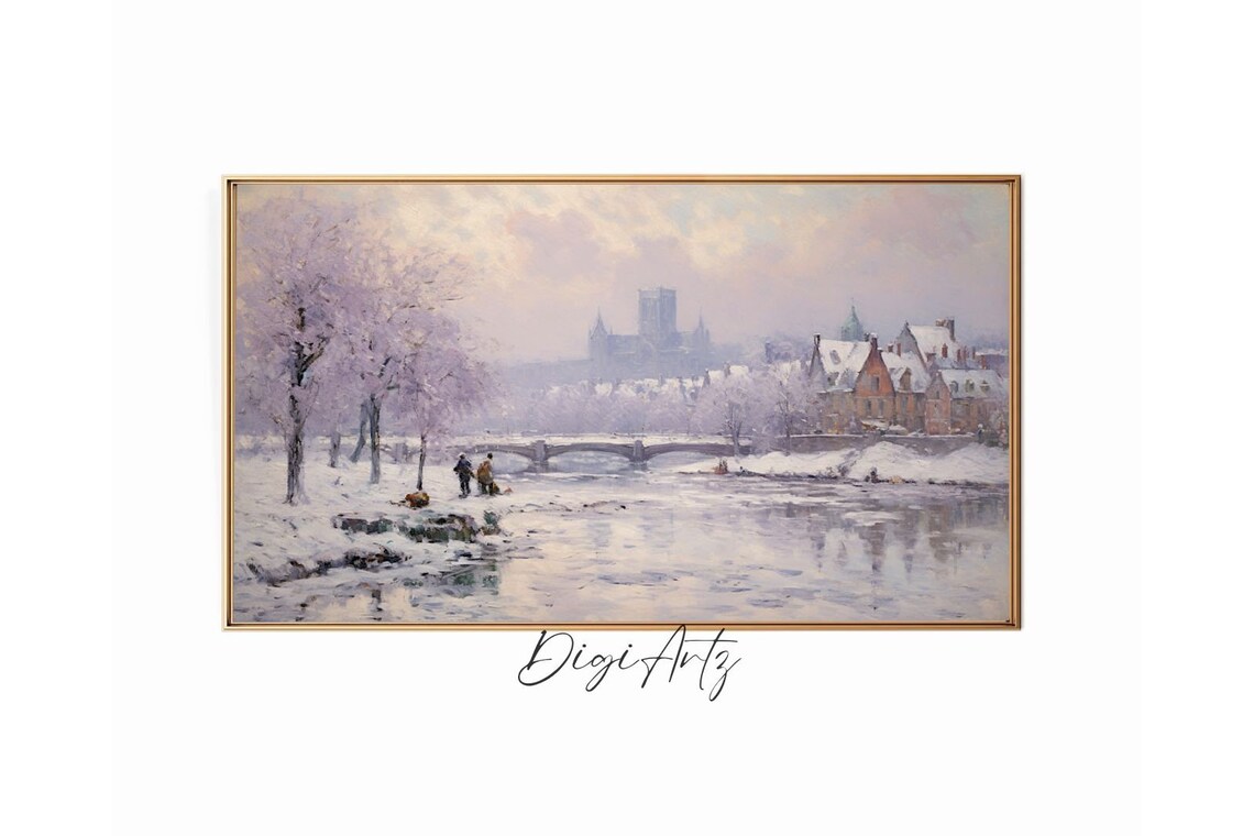 Snowy Riverside Old Town With Bridge And Twin Church Towers Poster