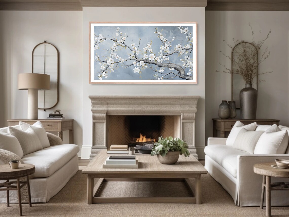 White Almond Blossom Branches on Blue Spring Oil Painting Poster - Image 5