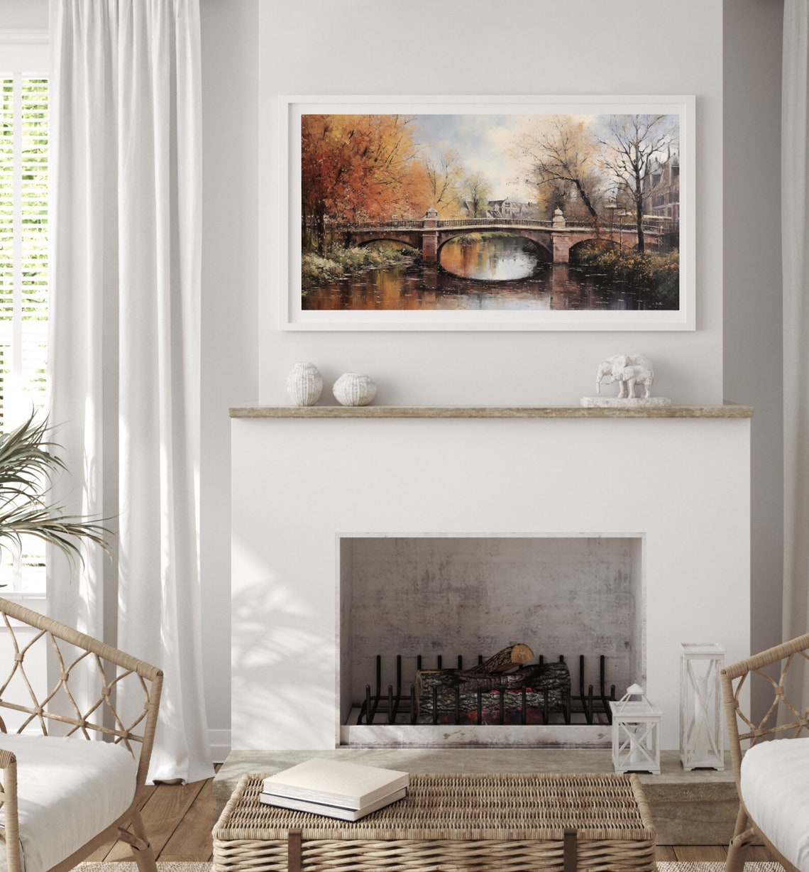 Autumn Stone Bridge Over River Orange Trees Vintage Landscape Poster - Image 2