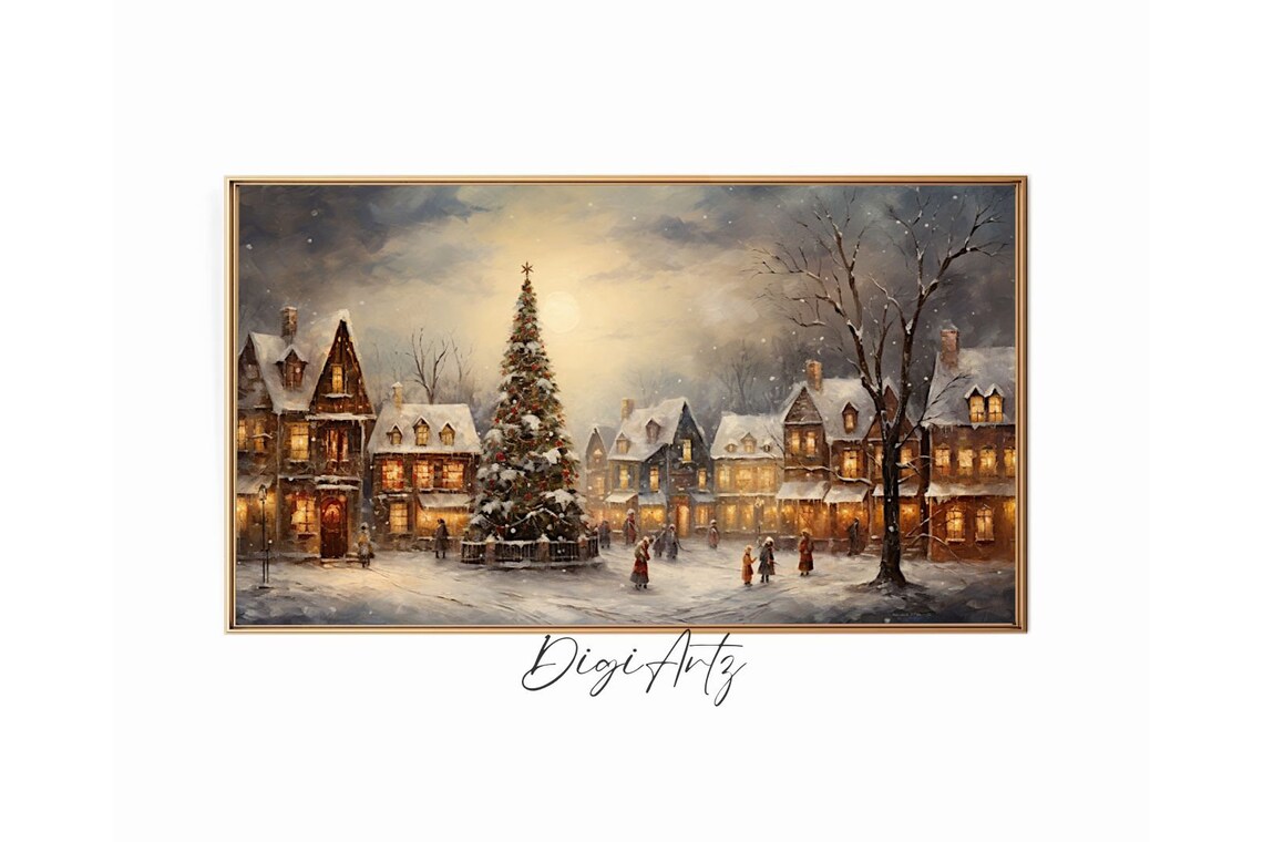 Frame Tv Vintage Winter Landscape Oil Painting Cottagecore Academia Christmas Town Decor Rustic Snowy Winter Holiday Farmhouse Print