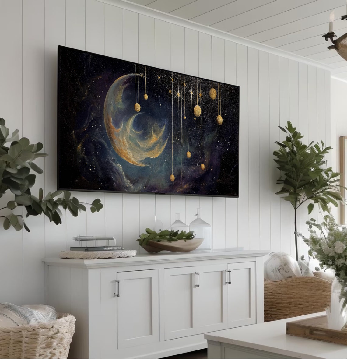 Crescent Moon Hanging Golden Orbs Gothic Celestial Painting Poster - Image 5