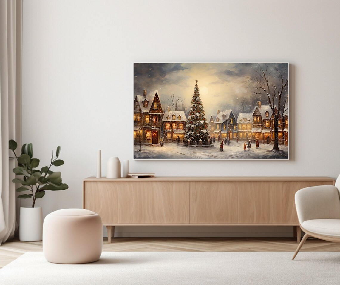 Frame Tv Vintage Winter Landscape Oil Painting Cottagecore Academia Christmas Town Decor Rustic Snowy Winter Holiday Farmhouse Print - Image 2