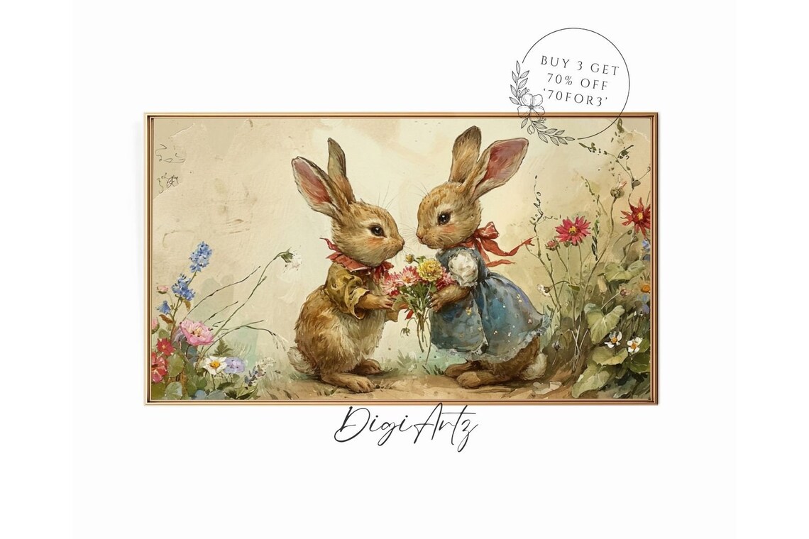 Two Bunnies in Love Vintage Storybook Rabbit Illustration Poster