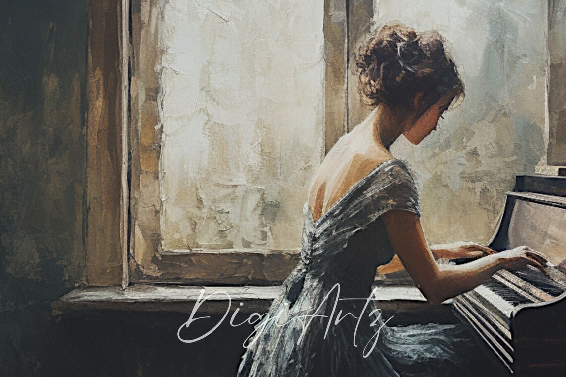 Woman Playing Piano By Sunlit Window Dark Moody Oil Painting Poster - Image 5
