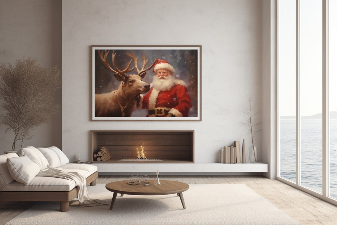 Frame Tv Art Vintage Christmas Wall Art Santa Reindeer Companionship Oil Painting Christmas Decor Winter Print Cottagecore Academia - Image 3