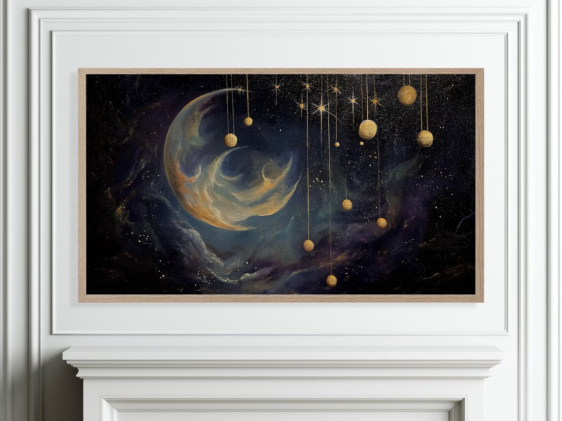 Crescent Moon Hanging Golden Orbs Gothic Celestial Painting Poster - Image 4