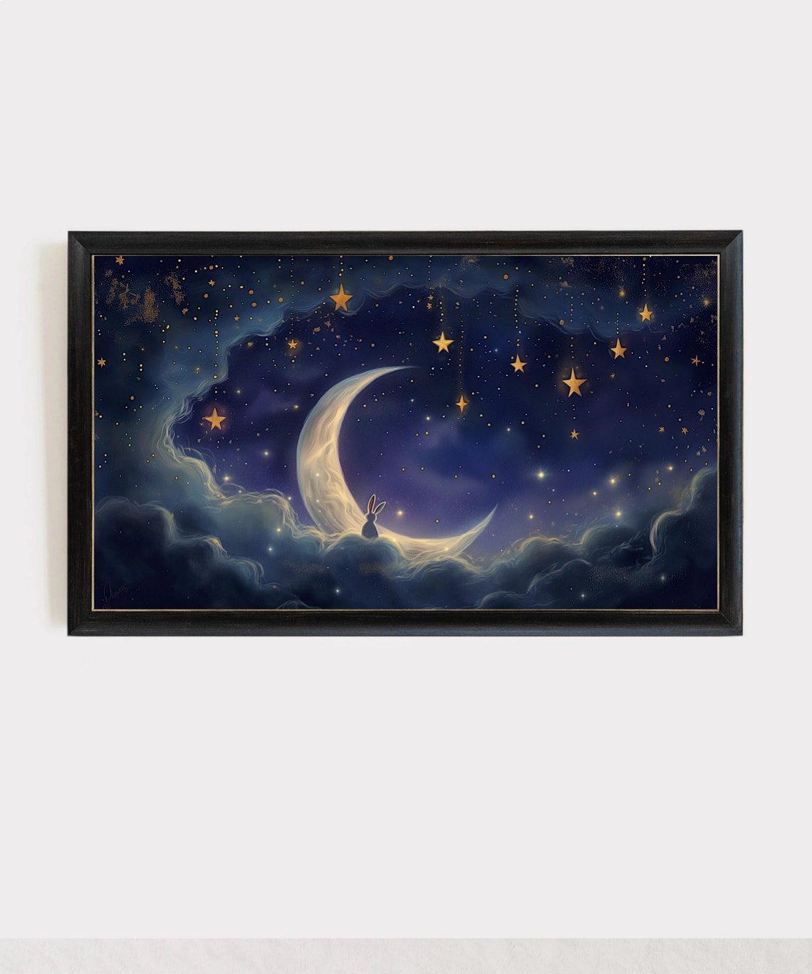 Crescent Moon Bunny Hanging Stars Starry Cloud Night Painting Poster - Image 4