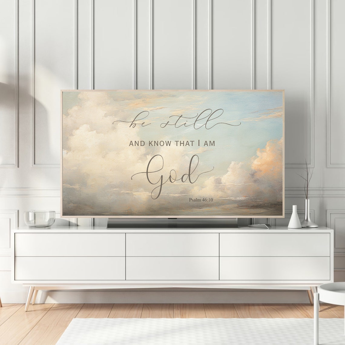 Frame Tv Christian Print Bible Verse Psalm 46 Scripture Be Still Know That I Am God Oil Painting Blue Sky Clouds Frame Tv Art - Image 4