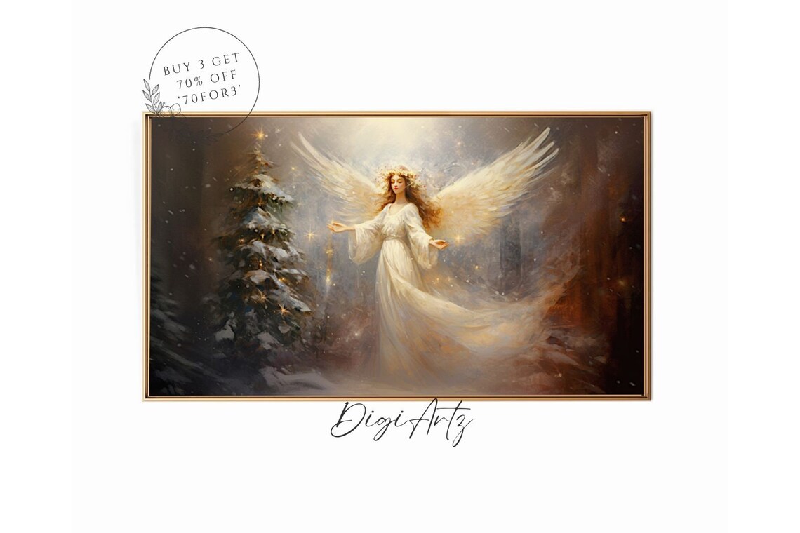 Christmas Angel Snowy Tree Glowing Wings Winter Holiday Art Poster