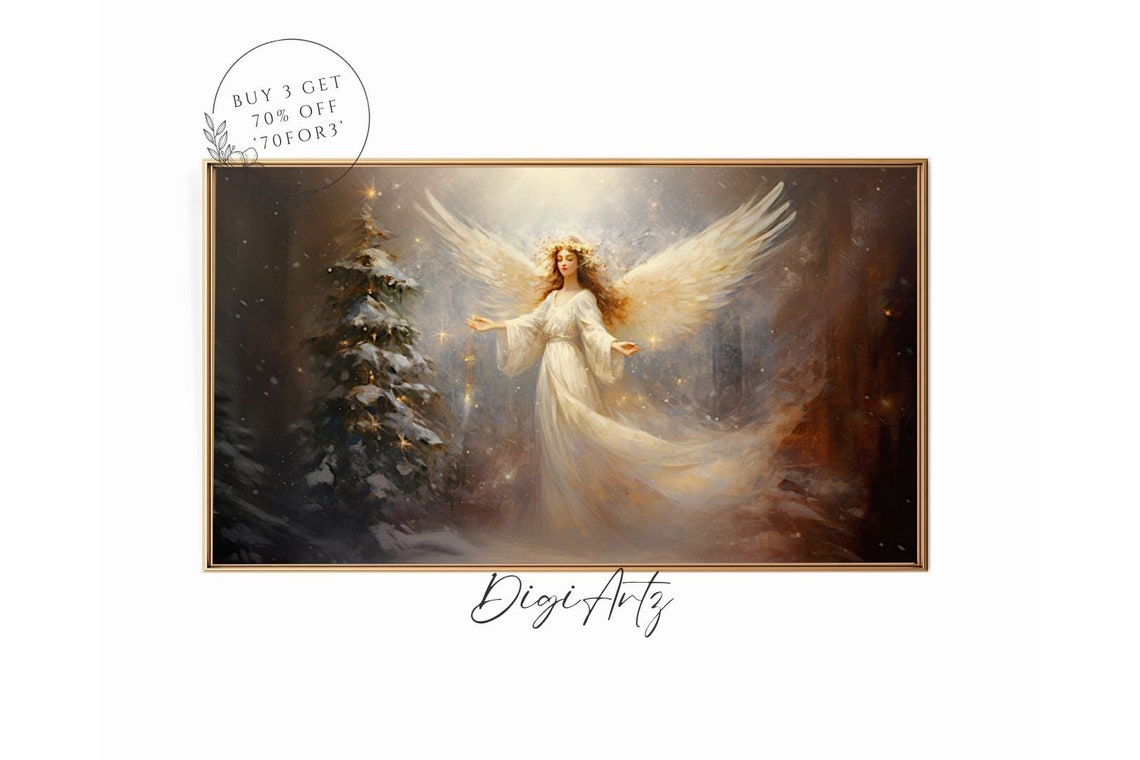 Frame Tv Portrait Art Christmas White Angel Oil Painting Rustic Fairy Winter Landscape Print Vintage Christmas Farmhouse Wall Decor
