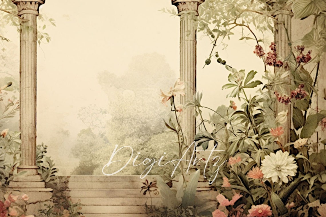 Gothic Stone Arches And Columns In A Lush Flowering Garden Poster - Image 5