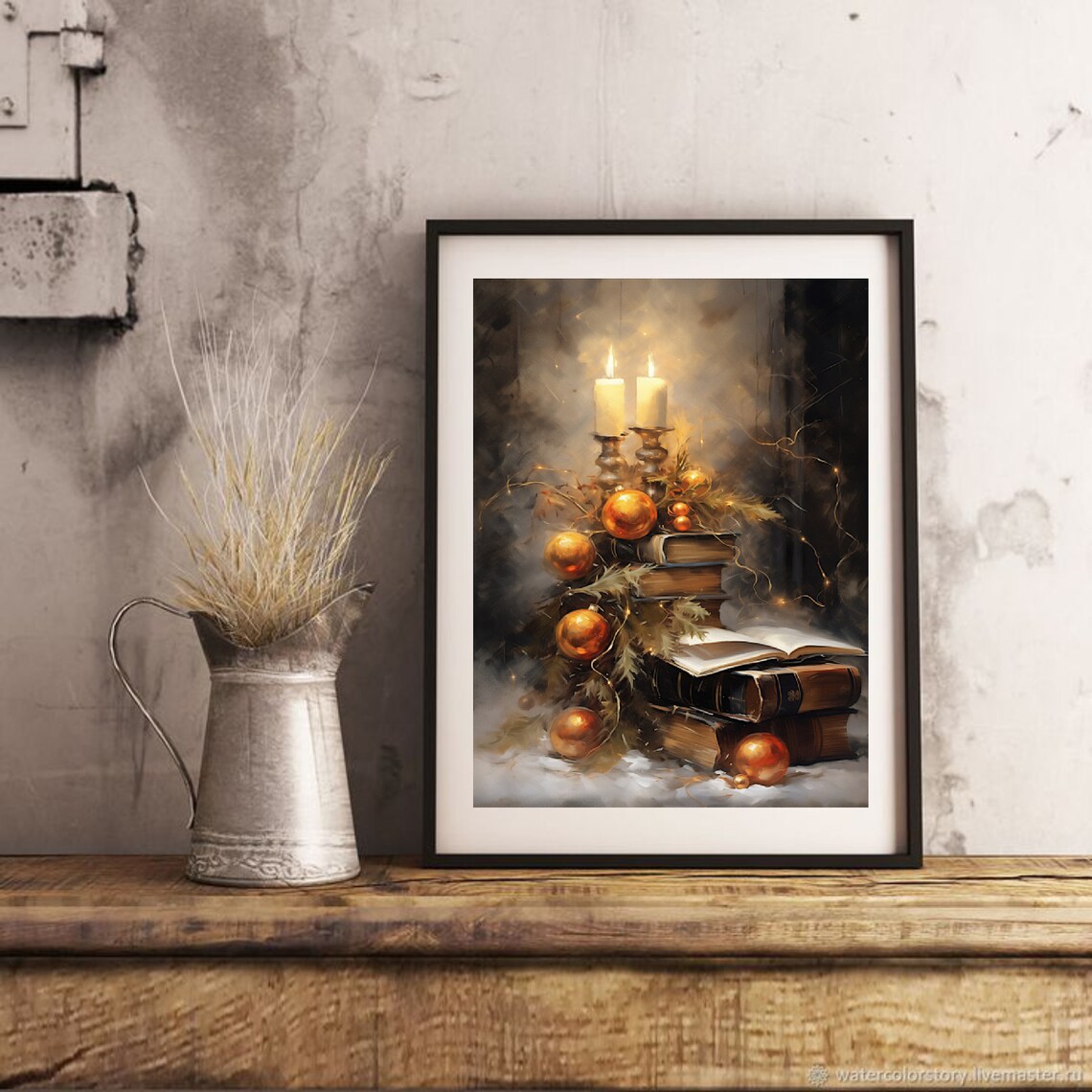 Moody Candlelight Books Still Life Oil Painting Holiday Wall Poster - Image 4