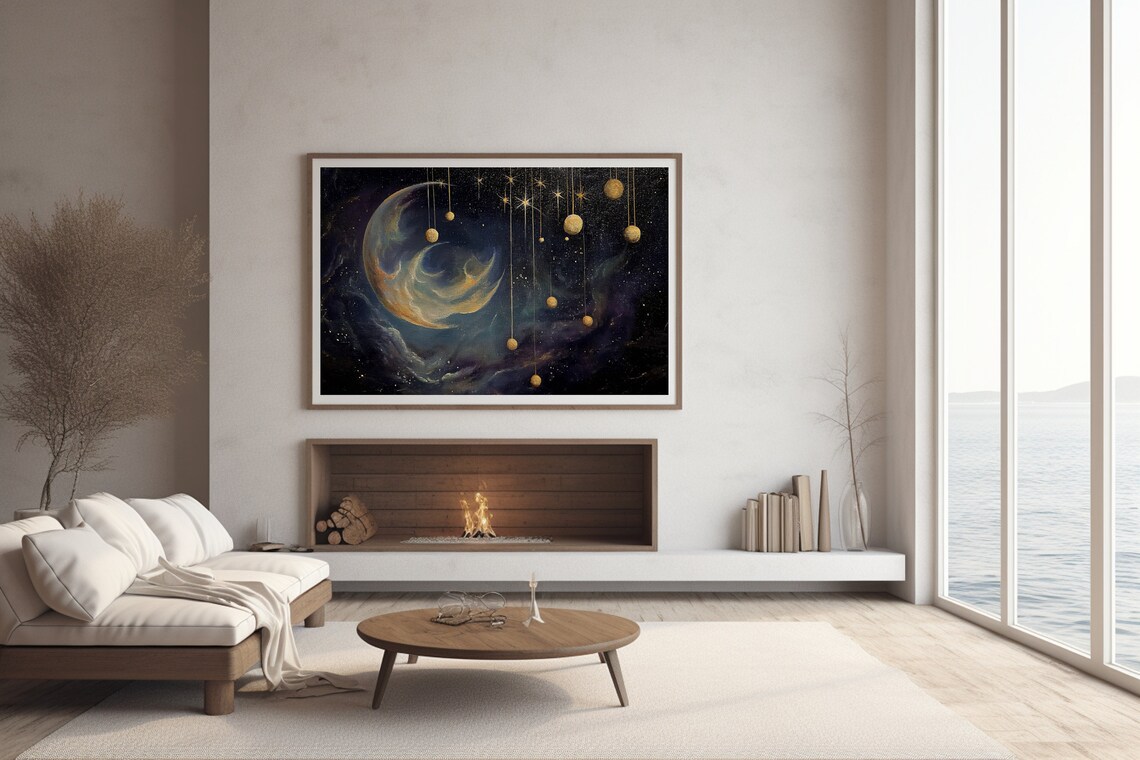 Crescent Moon Hanging Golden Orbs Gothic Celestial Painting Poster - Image 2