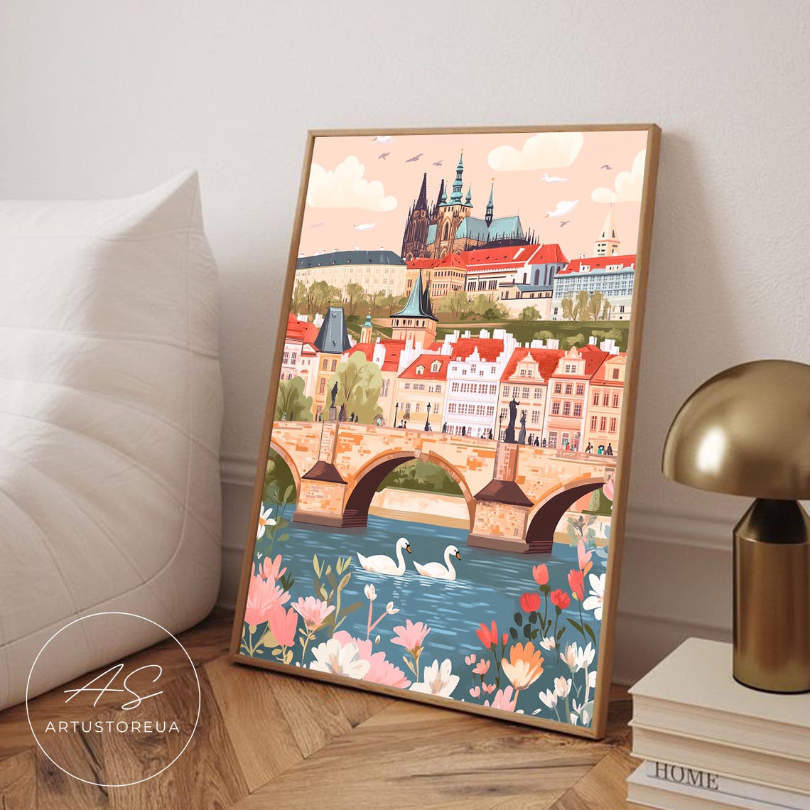 Prague Charles Bridge Swans Castle Travel Illustration Poster Art