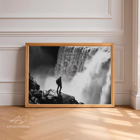 Iceland Poster Black White Waterfall Art Print Minimalist Nature Scene Monochrome Photography Nordic