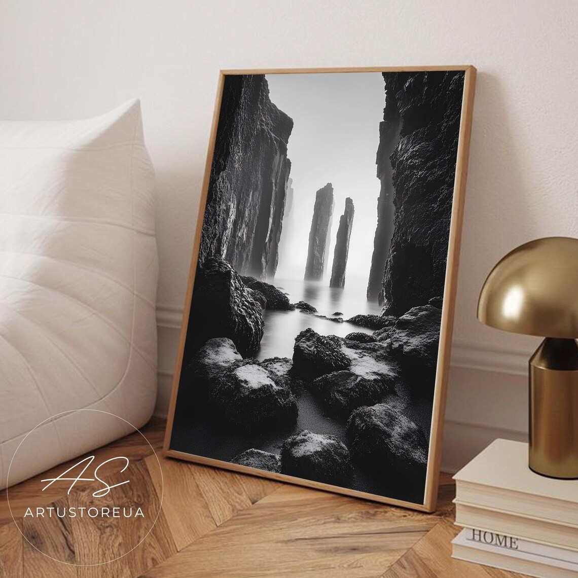 Iceland Black And White Misty Sea Stacks Moody Rocky Coast Photo Poster