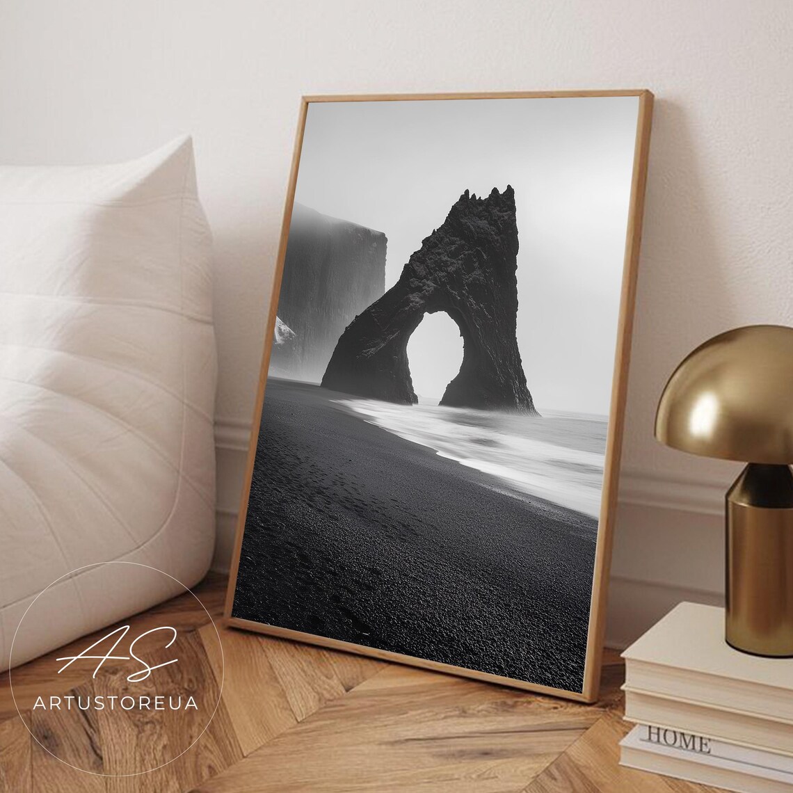Black Sand Beach Sea Arch Monochrome Coastal Nature Photography Poster