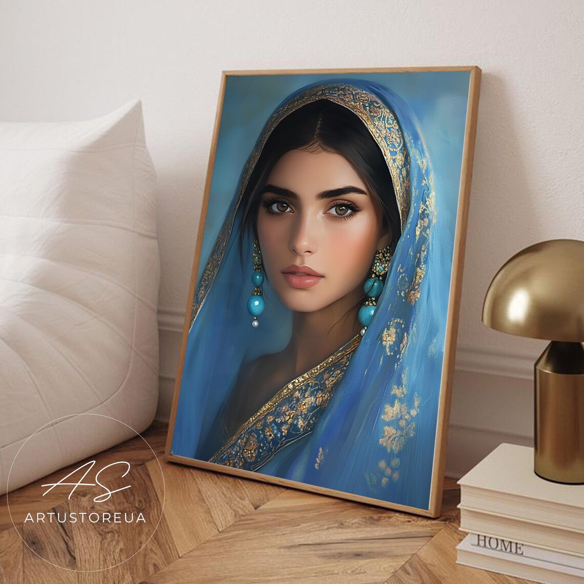 Beautiful Woman Portrait With Blue Embroidered Veil And Gold Trim Art Poster