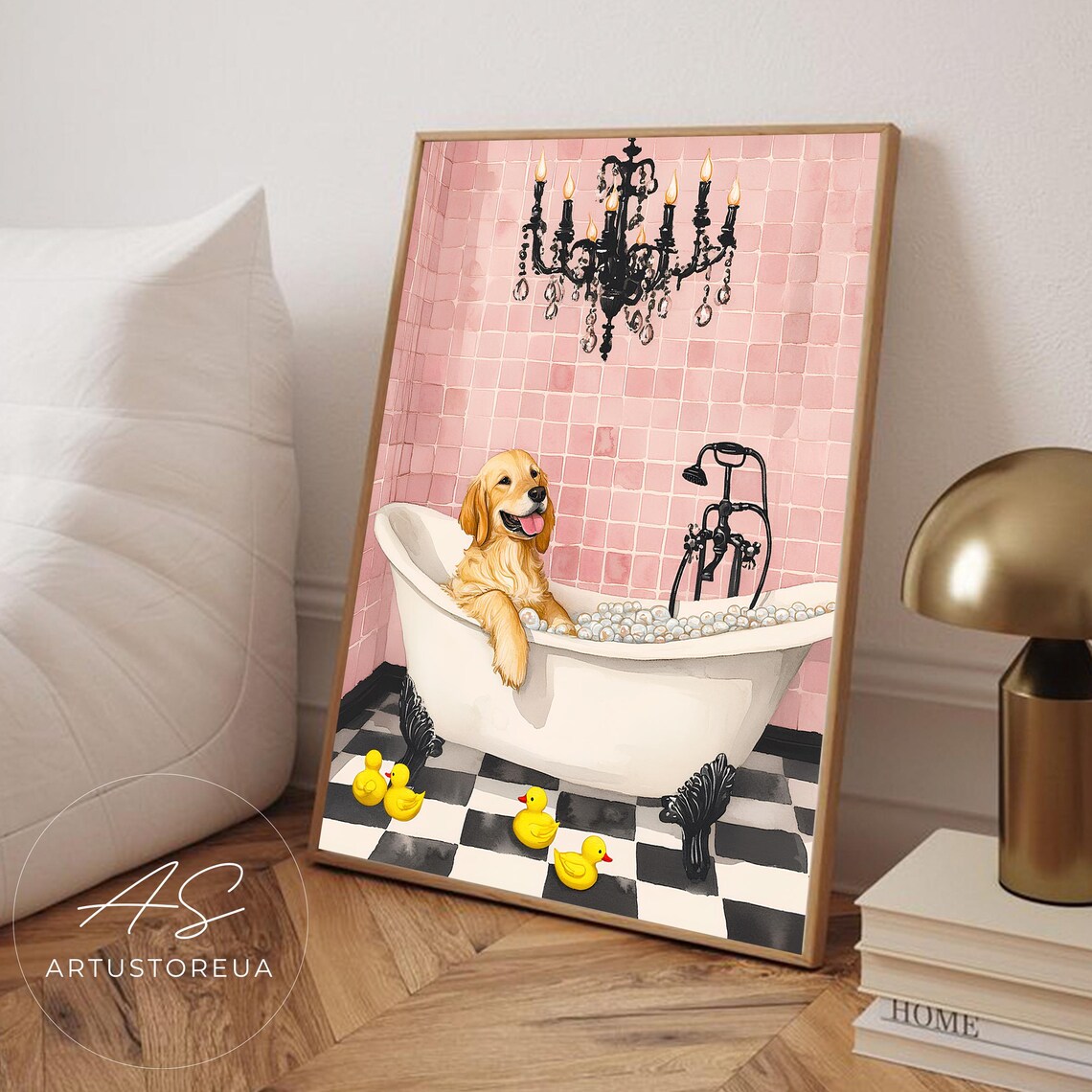 Golden Retriever Bubble Bath Rubber Ducks Bathroom Poster Art