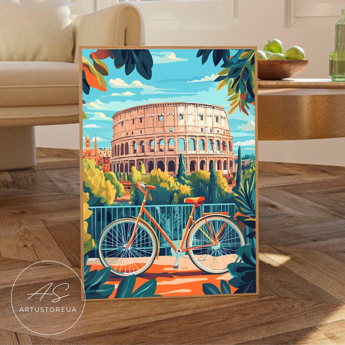 Rome Print Vibrant Colosseum Scene With Bike Italy Wall Art Modern Travel Poster Colorful Cityscape Artwork Roman Illustration
