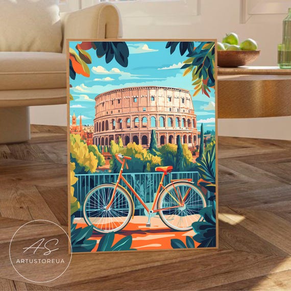 Rome Print Vibrant Colosseum Scene With Bike Italy Wall Art Modern Travel Poster Colorful Cityscape Artwork Roman Illustration