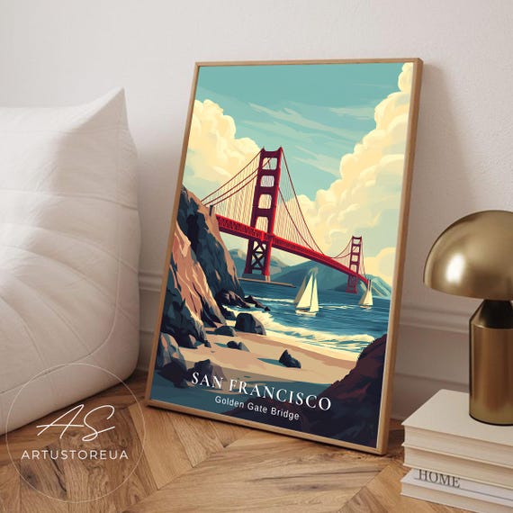 San Francisco Print Iconic Bridge Art Illustration Coastal Wall Decor Travel Poster Ocean View