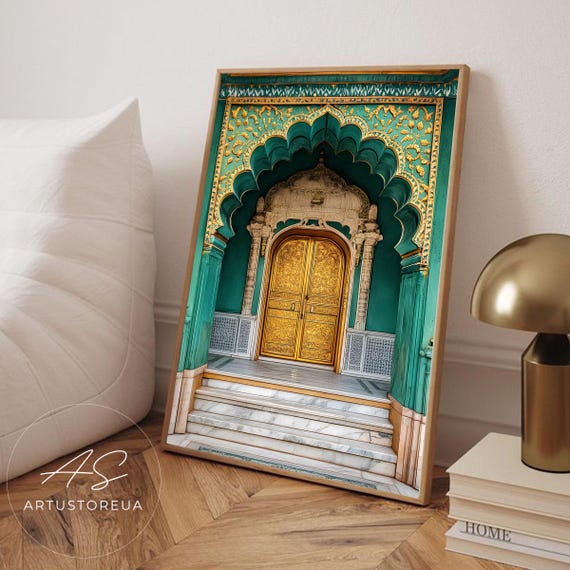 Green Palace Doorway Print Ornate Golden Gate Wall Art Rajasthani Architecture Decor Intricate Heritage Illustration India Travel