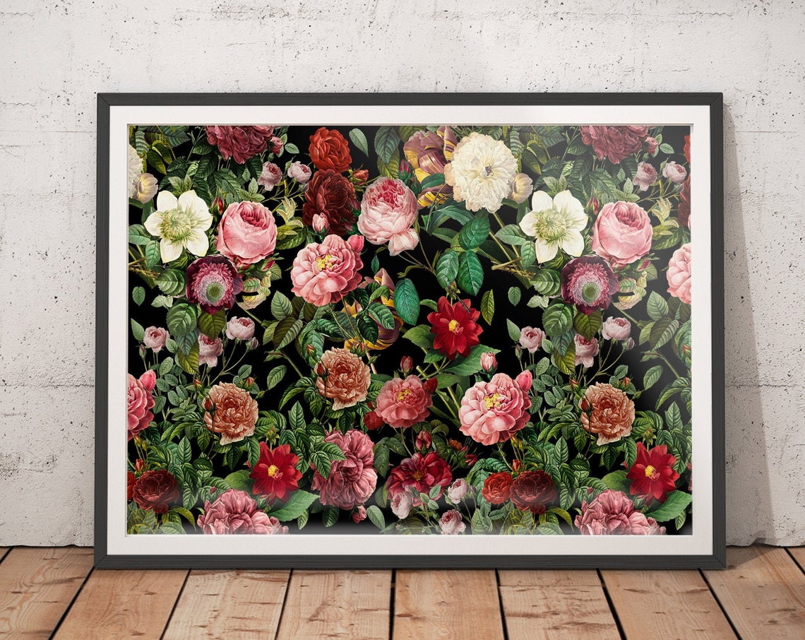 Vintage Rose Garden with Blush and Red Blooms on Black Poster