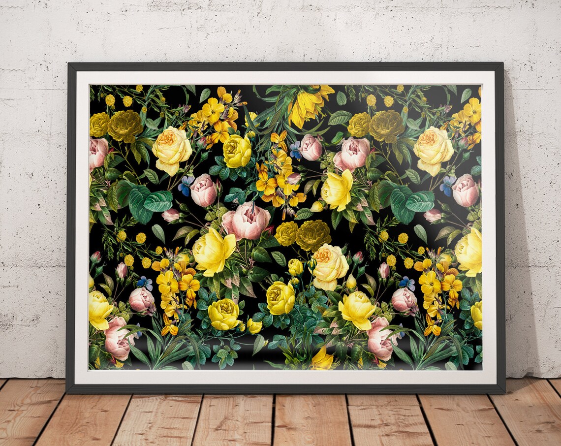Vintage Yellow Roses and Wildflowers on Black Botanical Poster