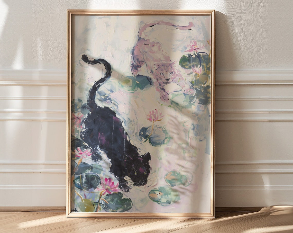 Pair Of Cats Prowling A Soft Pastel Water Lily Pond Scene Poster