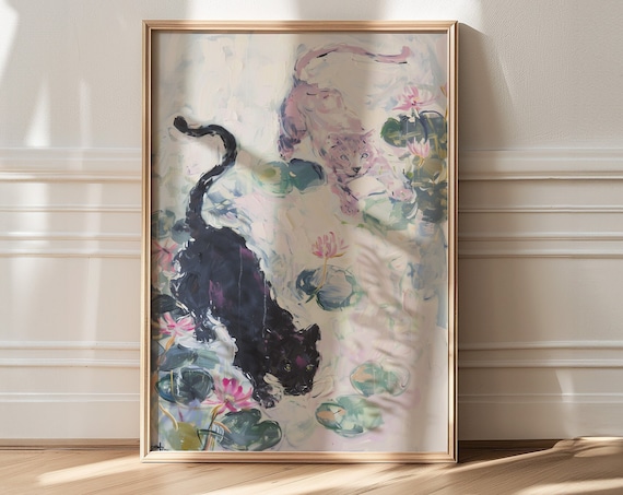 Pair Of Cats Prowling A Soft Pastel Water Lily Pond Scene Poster