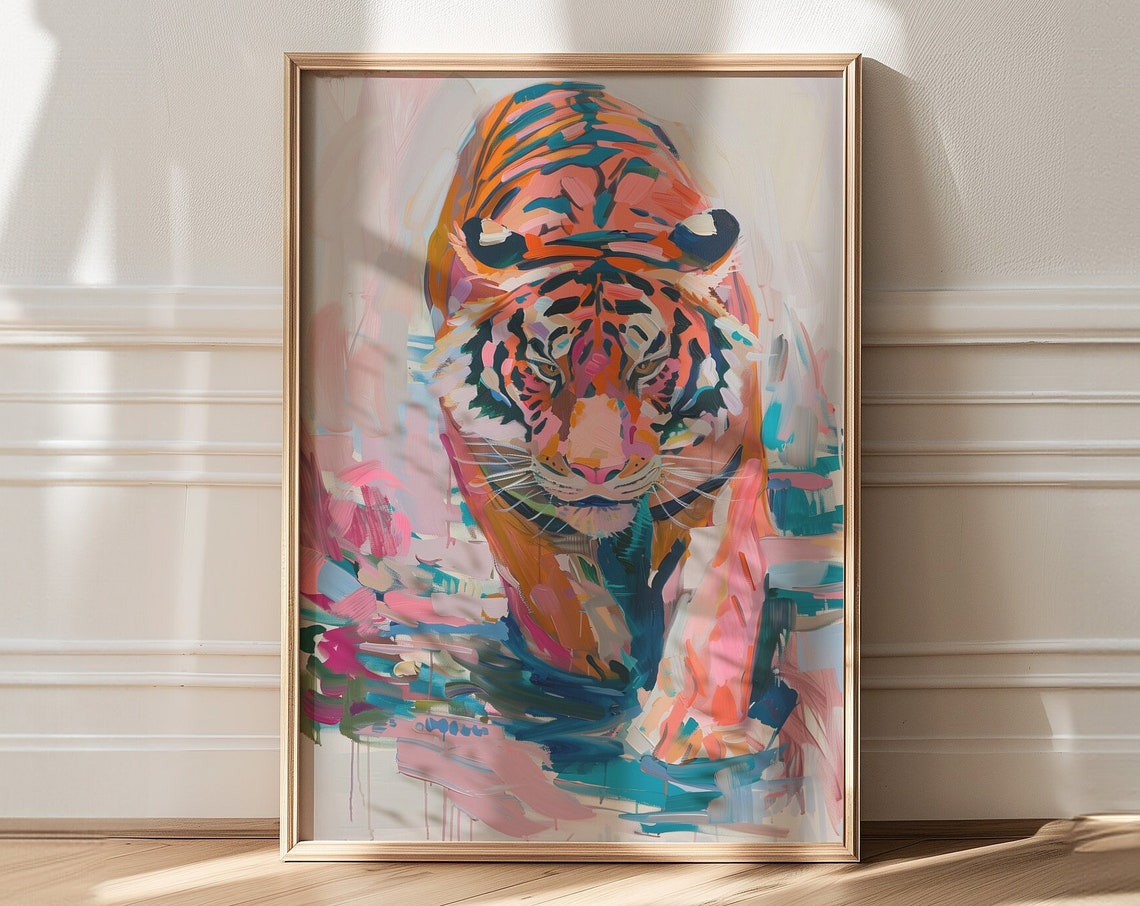 Pastel Abstract Tiger Striding Forward Vibrant Brushwork Poster - Image 3