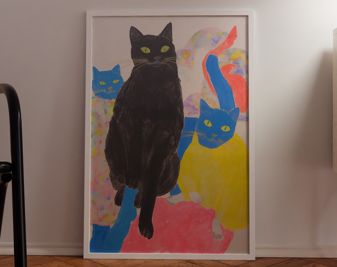 Black Cat with Blue and Yellow Cats Funky Maximalist Art Poster