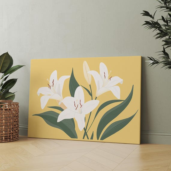 White Lily Poster Minimal Botanical Wall Art With Yellow Background Elegant Floral Gift Decor