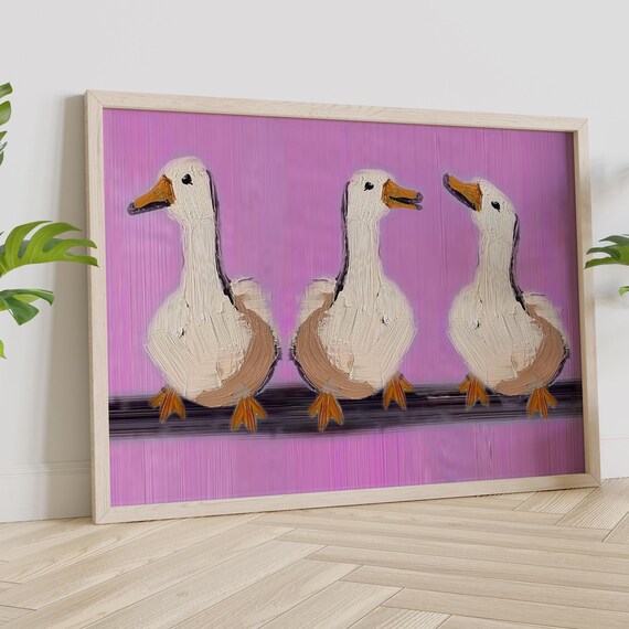 Handpainted Mini Oil Painting Of Two Ducks Cute Animal Art For Home Nursery Unique Gift Pet Lovers Small Goose Wall Decor
