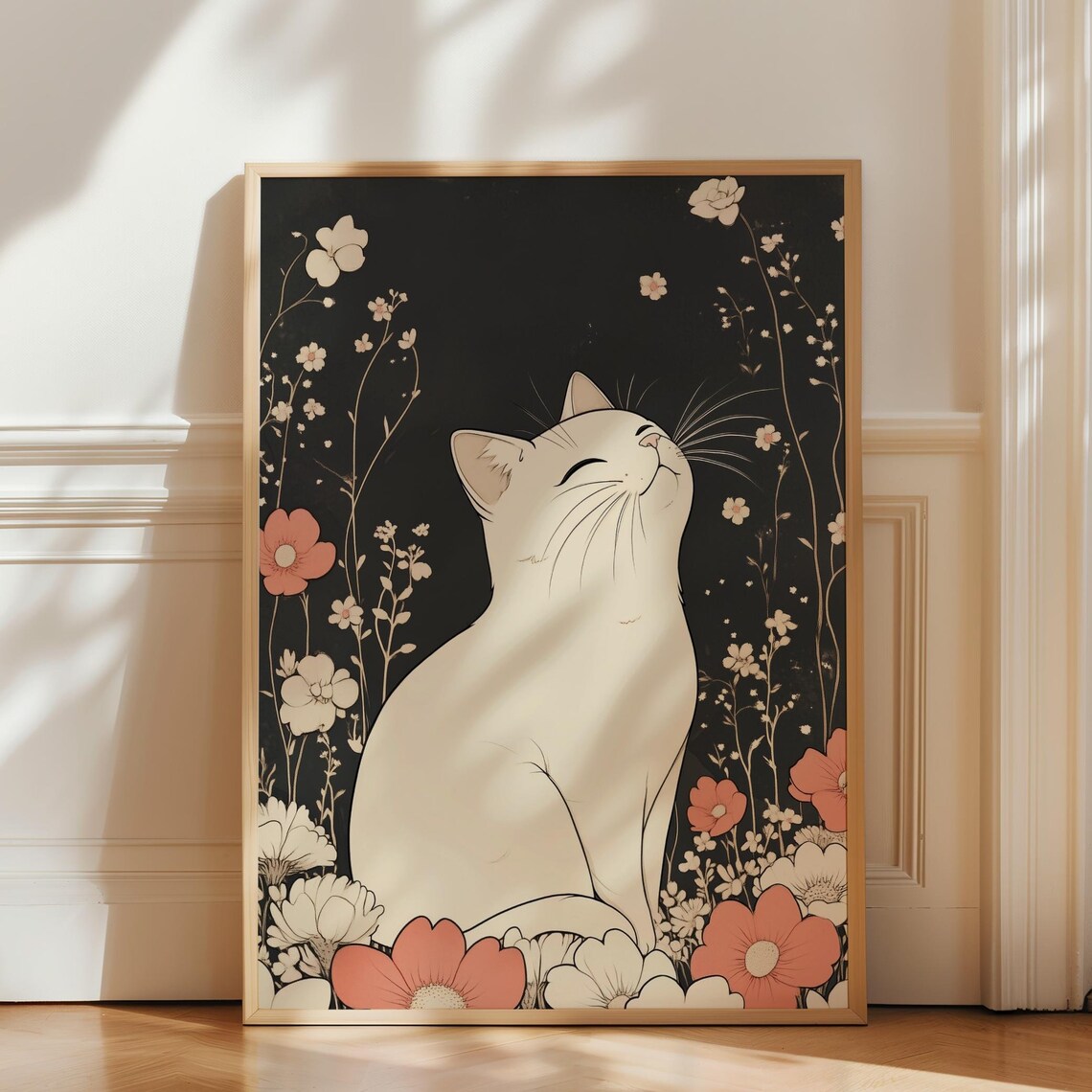 White Cat In Japanese Floral Art Print, Cute Anime - Image 3