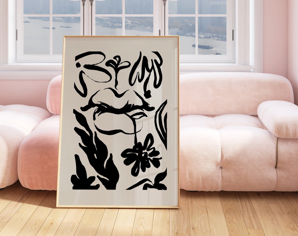 Abstract Lips And Flowers Black Brushstroke Eclectic Art Poster