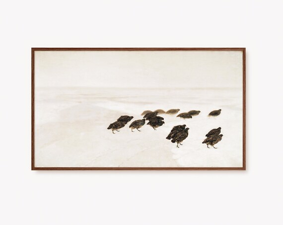 Flock of Birds in Snow Minimalist Winter Wildlife Art Poster