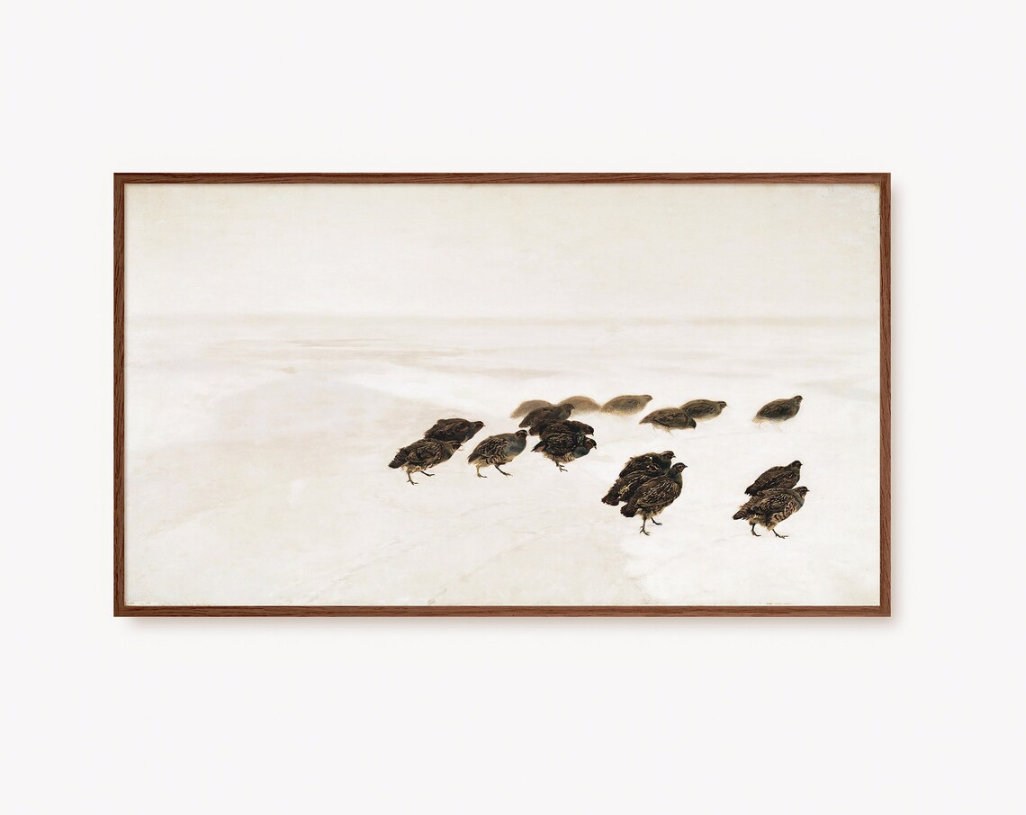 Flock of Birds in Snow Minimalist Winter Wildlife Art Poster