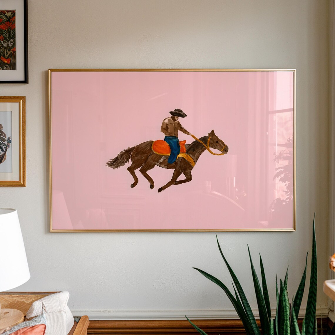 Modern Cowboy On Horseback Pink Background Western Art Poster