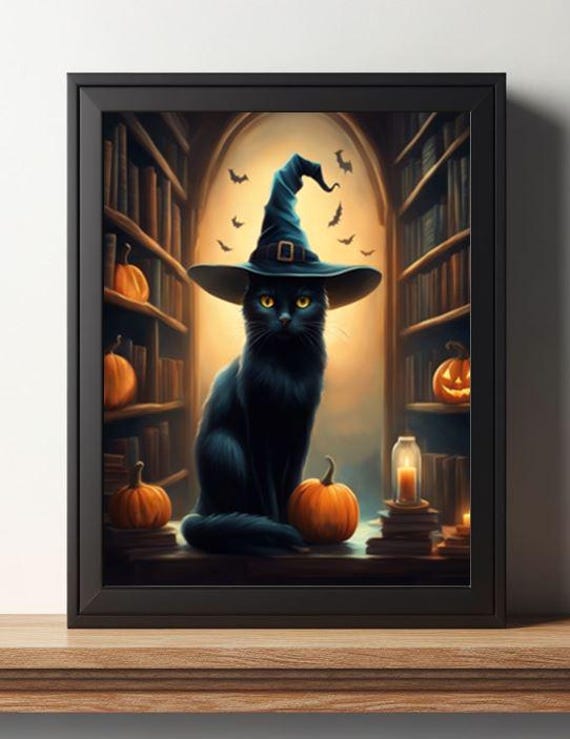 Black Cat Wearing a Witch Hat in a Wizard Library Halloween Poster