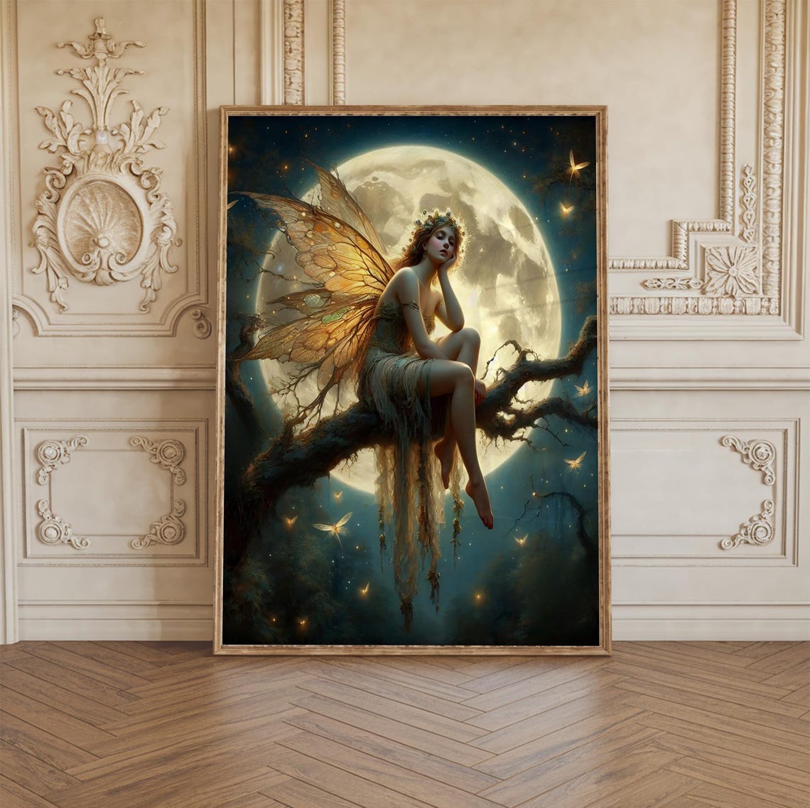 Forest Fairy Sitting on a Branch Beneath a Full Moon Fantasy Poster