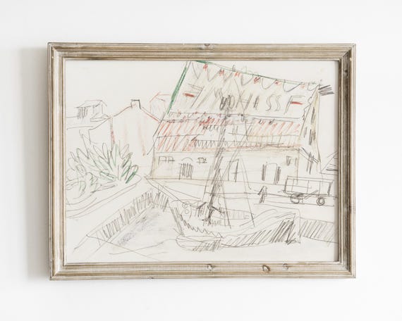 Abstract Vintage Boat Sketch Harbor Scene Illustration Nautical Wall Art Instant Minimalist Wall Art