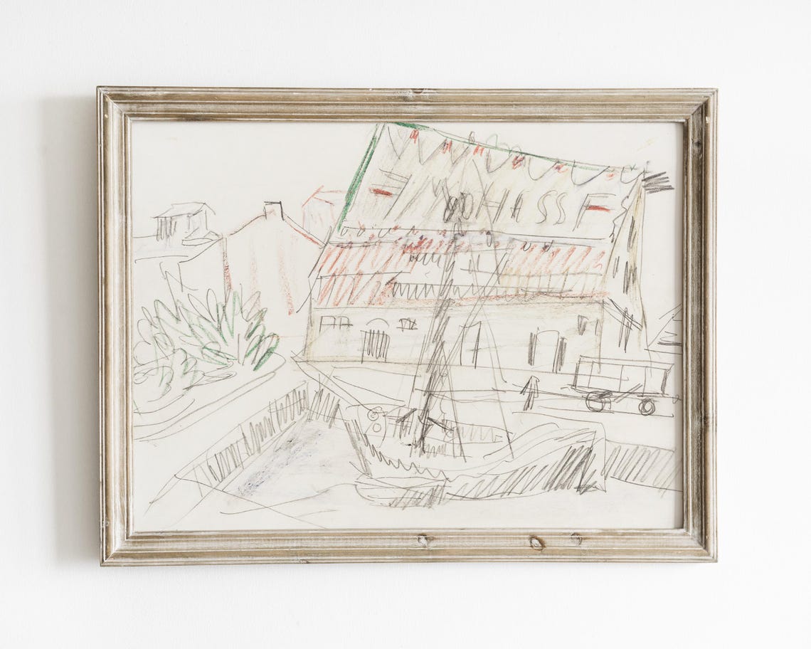 Abstract Vintage Boat Sketch Harbor Scene Illustration Nautical Wall Art Instant Minimalist Wall Art