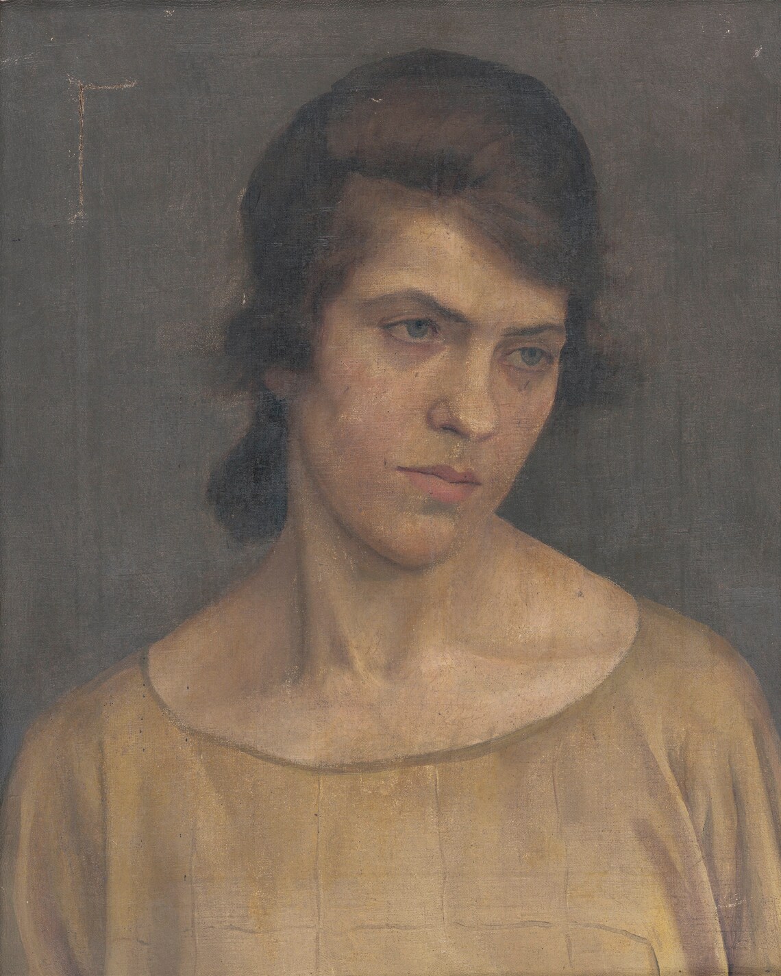 Woman in Mustard Dress Dark Vintage Oil Portrait Painting Poster - Image 3
