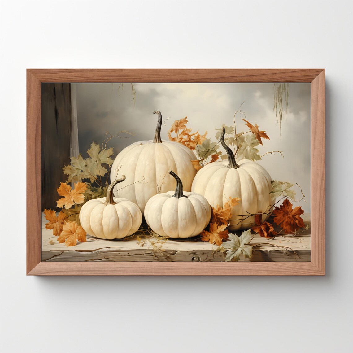 White Pumpkins Autumn Leaves Rustic Farmhouse Fall Still Life Poster